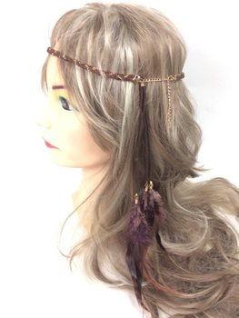 แถบคาดศีรษะแบบถักประดับขนนก สีน้ำตาล - สไตล์อิบิซา (1 ชิ้น)