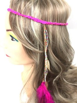 ที่คาดผมเปียประดับขนนก สีชมพูฟوشีย (1 ชิ้น)