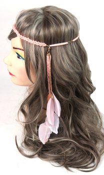 ที่คาดผมสไตล์อิบิซา ประดับลูกปัดและขนนก สีแซลมอน (1 ชิ้น)