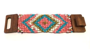 กำไลข้อมือสไตล์แอซเท็ก ตัวล็อกไม้ สีน้ำเงิน/ชมพู (1 ชิ้น)