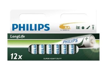 12x ถ่านไฟฉาย "PHILIPS - SUPER HEAVY DUTY" AA - LONGLIFE (12 ก้อน แผงบลิสเตอร์)