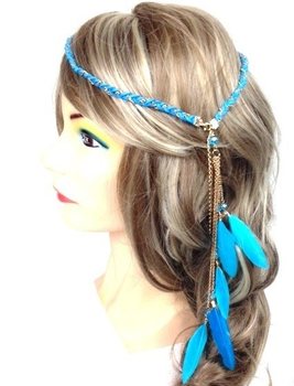 ที่คาดผมถักสไตล์อิบิซาประดับขนนก สีเทอร์ควอยซ์ (1 ชิ้น)
