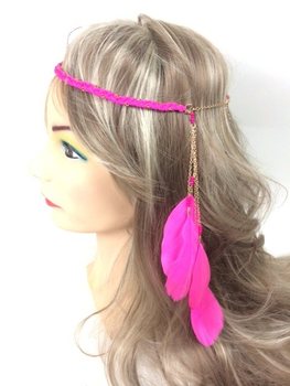 ที่คาดผมถักสไตล์อิบิซาประดับขนนก สีชมพูฟوشเซีย (1 ชิ้น)