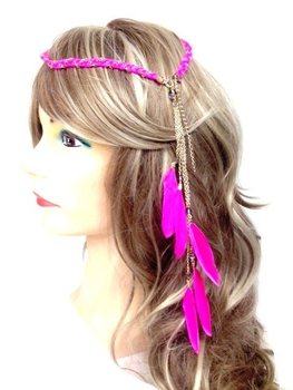 ที่คาดผมถักประดับขนนก สไตล์อิบิซา สีชมพูฟูเชีย (1 ชิ้น)